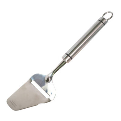 Stainless steel cheese slicer isolated on white background.