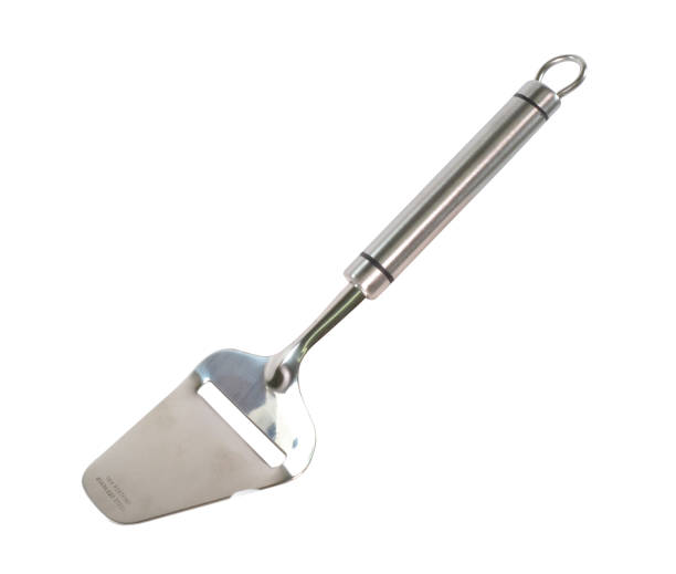 Stainless steel cheese slicer isolated on white background.